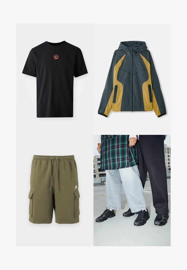 Grå og gul hættejakke med lynlås foran, der har kontrasterende paneler, lynlåslommer og elastiske manchetter. Glat tekstur.; Sort kortærmet T-shirt i bomuld med et sekskantet rødt og hvidt Nike-logo på brystet og en rund halsudskæring.; Olivengrønne Nike cargoshorts med elastisk taljebånd, justerbar snøre, sidelommer med klap og lille hvid Nike-logo på venstre lår.; Sorte atletik sko med mesh- og gummidetaljer. Båret med lysegrå vide jeans og en ternet grøn bluse. Flad overflade i baggrunden.