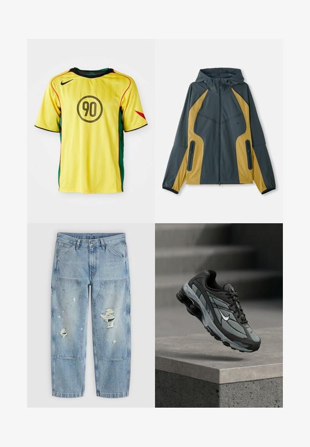 Grijze en gele gewatteerde jas met capuchon en een ritssluiting aan de voorkant, met contrasterende panelen, ritszakken en elastische manchetten. Gladde textuur.; Nike gele voetbalshirt met groene zijkanten, zwarte accenten en rode details. Voorzien van een ronde zwarte "90" ontwerp op de voorkant.; Lichtblauwe denim spijkerbroek met verfspatten, grote voorzakken en beschadigde gaten op beide benen, plat gelegd op een lichte achtergrond.; Grijze en zwarte sportieve sneaker met meshpanelen en dikke zool, zwevend in de lucht boven een betonnen richel met trappen op de achtergrond.