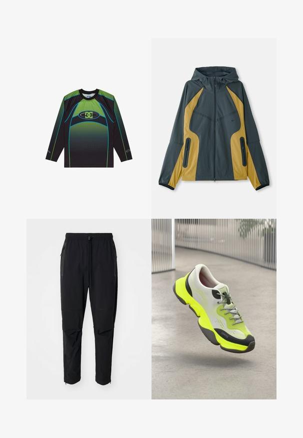 Chaqueta con capucha en gris y amarillo, con cierre de cremallera en la parte delantera, que presenta paneles en contraste, bolsillos con cremallera y puños elásticos. Textura suave.; Camisa deportiva de manga larga hecha de tela de malla negra y verde, con un diseño degradado, el logo de DC y acentos azules en contraste.; Pantalones de exterior negros, ligeros, con cintura elástica y cordón ajustable. Cuenta con bolsillos con cremallera y puños ajustados.; Zapatilla deportiva blanca y amarilla neón con cordones grises flotando sobre un suelo de concreto pulido en un entorno interior moderno y metálico.