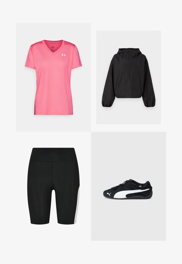 Zwarte pullover jack met capuchon, gemaakt van lichtgewicht materiaal. Voorzien van elastische manchetten en een half-rits voorontwerp. Gladde textuur.; Roze sportieve T-shirt met een V-halsontwerp, korte mouwen en een lichte, gladde textuur. Heeft een wit logo op de bovenste linkerzijde.; Zwarte sportshorts met een gladde textuur, knielengte ontwerp en een witte zijaccentpaneel. Voorzien van een elastische tailleband.; Zwarte sportieve schoenen van mesh en suede, voorzien van een wit Puma-logo, elastische veters en een gestructureerde rubberen zool.