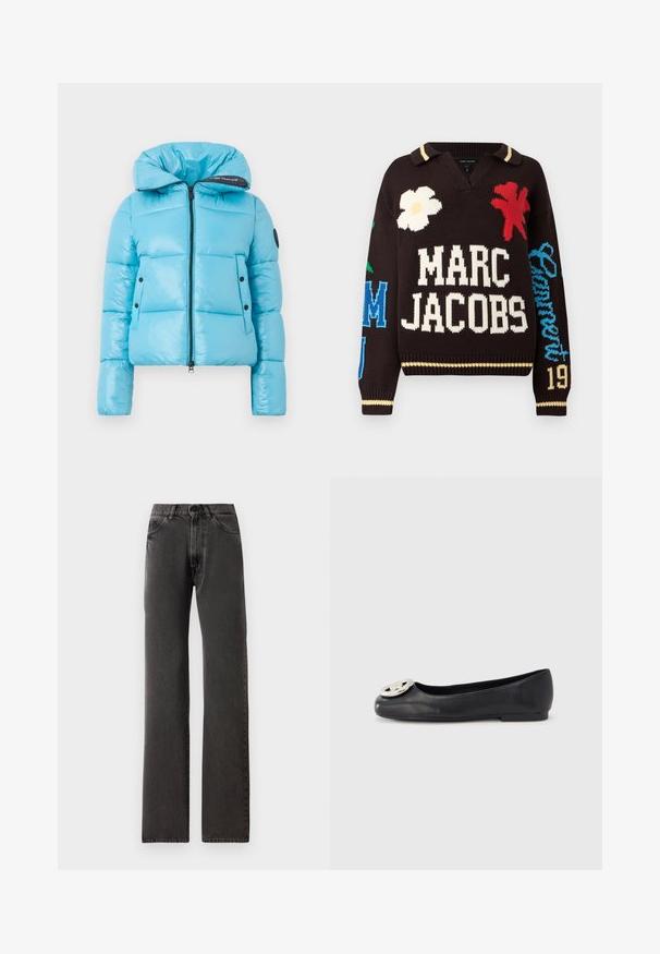Lyseblå quiltet pufferjakke med frontal lynlås, høj polstret krave, sidelommer med knaplukning og et logo-patch på venstre ærme.; Sort strikket sweater med stor hvid tekst "MARC JACOBS", farverige blomster-motiver og "Garment 19" broderet på højre ærme.; Sorte straight-leg jeans med forlommer, bæltestropper, knaplukning og synlig syning på en hvid baggrund.; Sort læder ballettsko med rundet tå, der har en skinnende metallisk logoaccent foran og en flad gummisål.