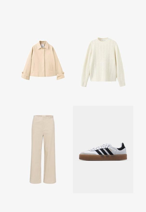 Beige cropped jakke med brede ærmer, en enkelt synlig knap ved kraven, to slidser foran lommer og manchetter med knapper.; Cremefarvet strikket sweater med et struktureret, fiskebensmønster, rund halsudskæring og lange ærmer, der har en lige-skåret nederste kant.; Beige buks med brede ben i velour, der har en subtil ribbet tekstur, bæltestropper, frontlynlås og to sidelommer.; Hvide lædersneakers med sorte striber, gummirubber sål, rund tå, snørelukning og blød grå ruskinds tåhætte.