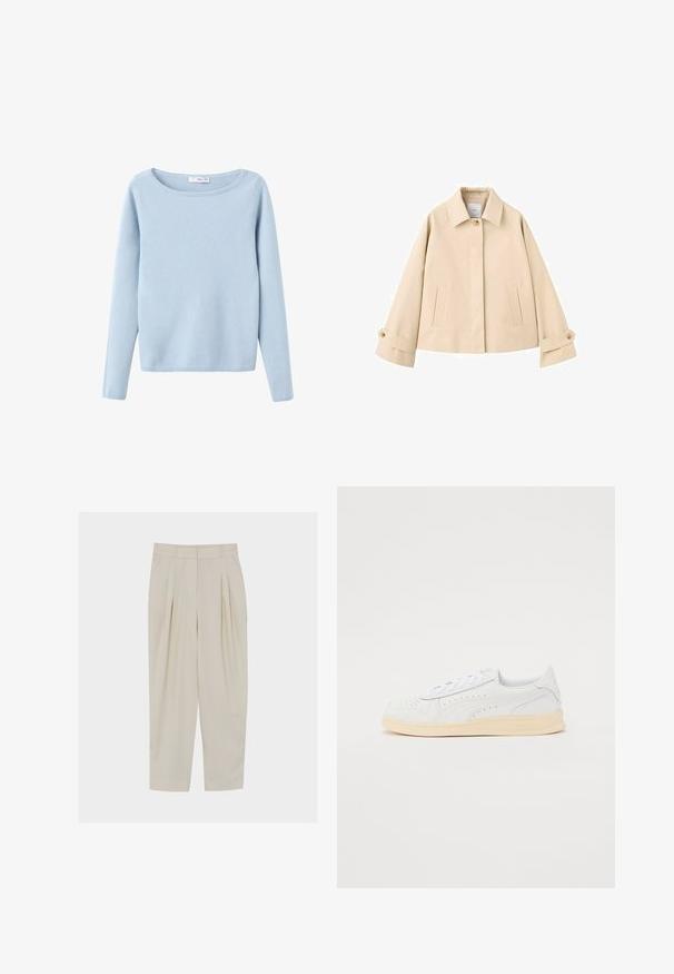 Beige cropped jakke med brede ærmer, en enkelt synlig knap ved kraven, to slidser foran lommer og manchetter med knapper.; Lys blå langærmet strikket sweater med bred rund halsudskæring, enkelt design og ribbede manchetter og kant.; Beige højttaljede skræddersyede bukser med folder, sidelommer, bæltestropper og lynlås foran.; Sneakers med hvid syntetisk overdel, perforeret design, flade snørebånd og cremefarvet gummisål. Har et logo på hælen og siden.