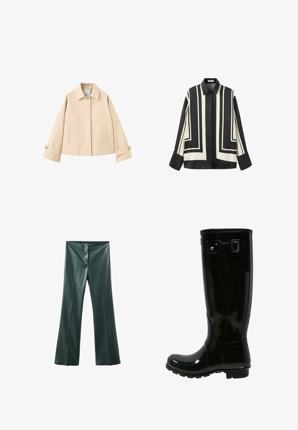 Beige kurze Jacke mit weiten Ärmeln, einem sichtbaren Knopf am Kragen, zwei Fronttaschen mit Schlitz und geknöpften Manschetten.; Schwarzes Langarmhemd mit breiten Manschetten, mit kräftigen weißen geometrischen vertikalen und horizontalen Streifen auf Vorderseite und Ärmeln.; Ausgestellte Hosen aus dunkelgrünen Kunstleder, mit glatter Textur, Frontreißverschluss und tailliertem Design.; Schwarzer Gummiregenstiefel mit glänzender Oberfläche, hohem Design, Schnallenakzent an der Seite, strukturierten Sohle für Grip und abgerundetem Zehenbereich.