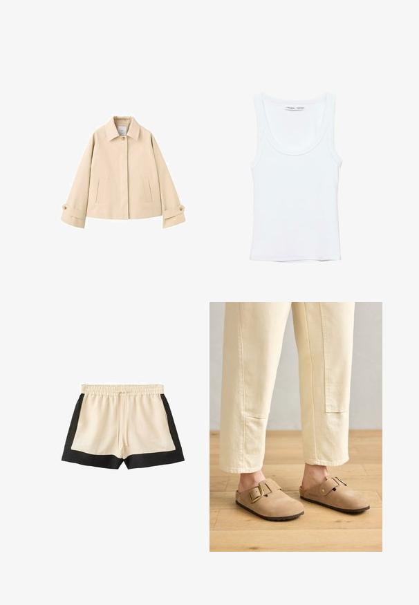 Beige cropped jas met brede mouwen, een enkele zichtbare knoop bij de kraag, twee voorzakken met een verticale opening en knoopmanchetten.; Effen witte mouwloze tanktop met ronde hals, gemaakt van zachte stof, met een label aan de binnenkant van de kraag dat merk en maat aangeeft.; Beige korte broek met zwarte zijnpanelen en zoom, elastische tailleband en trekkoord aan de voorkant, weergegeven op een witte achtergrond.; Tan suède clogs met een brede band en gouden gesp, gestructureerd oppervlak en bruine rubberen zool; gedragen met losse ivoorkleurige taperende broeken.