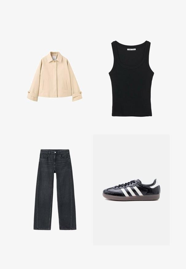 Beige kurze Jacke mit weiten Ärmeln, einem sichtbaren Knopf am Kragen, zwei Fronttaschen mit Schlitz und geknöpften Manschetten.; Schwarzes, geripptes ärmelloses Tanktop mit rundem Ausschnitt und geradem Saum, Etikett im Nackeninnenteil.; Weite Jeans aus dunkelgrauem Denim. Mit Fronttaschen und klassischem Fünf-Taschen-Design. Mit Knopfverschluss und dezenten Ausbleichdetails.; Schwarzer Sneaker mit flachem Profil und texturiertem Schlangenledermuster, weißen Streifen an der Seite, schwarzen Schnürsenkeln und einer durchscheinend braunen Sohle.