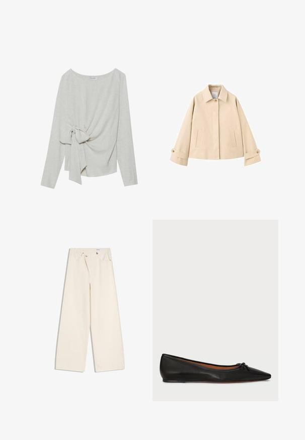 Beige cropped jas met brede mouwen, een enkele zichtbare knoop bij de kraag, twee voorzakken met een verticale opening en knoopmanchetten.; Langsleeve top in lichtbeige linnenmix, met een gedraaide knoopdetails aan één zijde, ronde halslijn en een losse pasvorm.; Off-white wijde broek met steekzakken aan de voorkant, lussen voor een riem en zilveren knopen op de tailleband en de randen van de zakken.; Zwarte leren balletschoenen met een spitse neus, slanke silhouet en een klein strikdetail aan de voorkant. Gladde textuur en minimalistisch ontwerp.