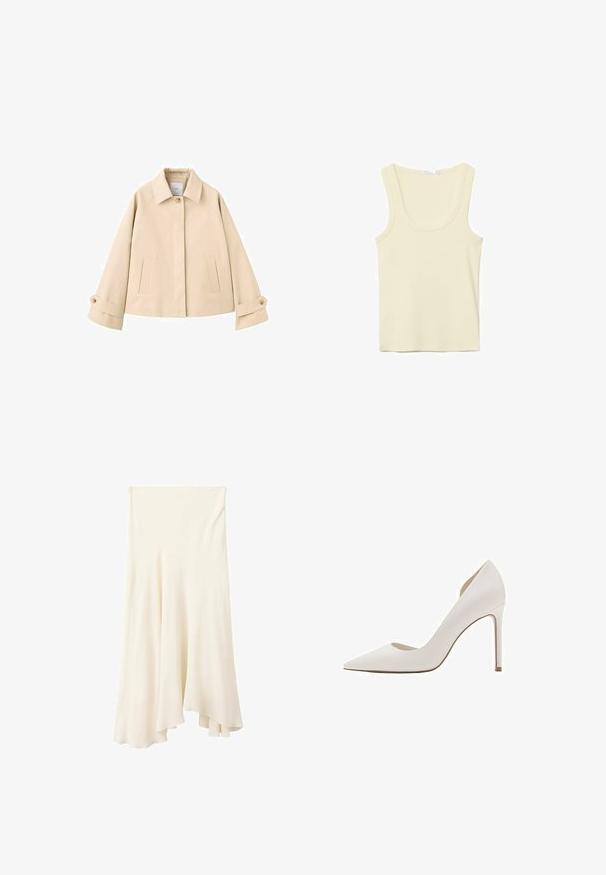 Veste courte beige à manches larges, avec un seul bouton visible au col, deux poches fendues sur le devant et des poignets boutonnés.; Débardeur sans manches couleur crème avec encolure dégagée et coutures simples, présenté sur un fond blanc.; Jupe midi fluide couleur crème avec un ourlet asymétrique et un tombé doux du tissu.; Escarpin blanc à bout pointu avec un talon aiguille fin et une finition en cuir lisse.