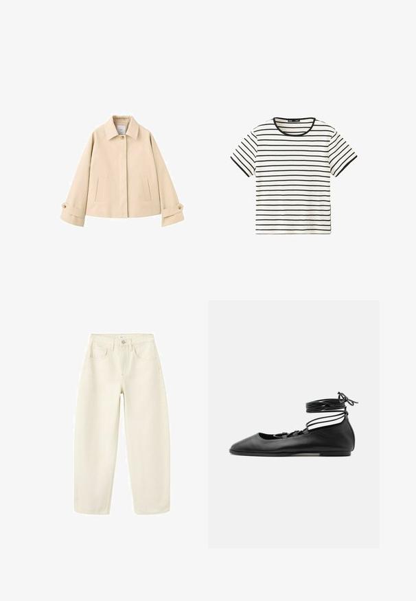 Veste courte beige à manches larges, avec un seul bouton visible au col, deux poches fendues sur le devant et des poignets boutonnés.; Chemise blanche à manches courtes avec fines rayures noires horizontales et un col rond noir.; Jean crème taille haute à jambes larges, avec poches avant, fermeture par bouton et passants pour ceinture.; Chaussure de ballet plate en cuir noir avec un bout pointu, plusieurs fines brides sur le dessus et des lacets enroulés autour de la cheville.