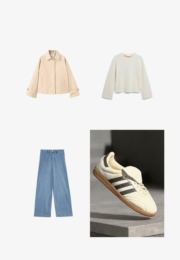 Beige cropped jas met brede mouwen, een enkele zichtbare knoop bij de kraag, twee voorzakken met een verticale opening en knoopmanchetten.; Lichtbeige cropped sweatshirt met lange mouwen, ronde halslijn en zijslits; gemaakt van zachte stof met een gladde textuur.; Lichtblauwe wijde denimjeans. Met een hoge taille, voorknopsluiting en recht gesneden benen met een schone zoom.; Crème leren sneaker met drie donkere strepen, een bruine gumrubberen zool en een ronde neus. Voorzien van een opvouwbare tong met het label "SAMBA."