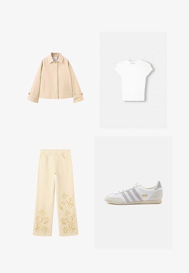 Veste courte beige à manches larges, avec un seul bouton visible au col, deux poches fendues sur le devant et des poignets boutonnés.; T-shirt blanc à manches courtes en coton doux, avec un col rond et une coupe ajustée. Pas de motifs ni d'ornements visibles.; Pantalon large crème avec broderie florale ajourée sur le bas des jambes et les poches avant.; Baskets Adidas Japan blanches avec bandes grises en daim et talon, côtés perforés, semelle beige et marquage doré Adidas Japan sur le côté.
