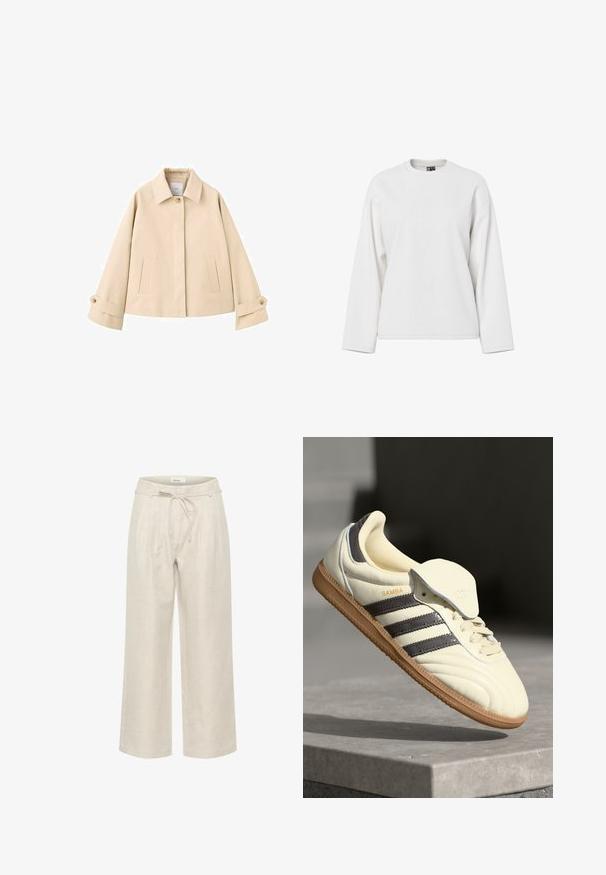 Beige cropped jakke med brede ærmer, en enkelt synlig knap ved kraven, to slidser foran lommer og manchetter med knapper.; Hvid langærmet sweatshirt med rund halsudskæring, afslappet pasform og blød tekstur. Ingen synlige mønstre eller hardware-detaljer.; Beige linned brede bukser med elastisk talje og frontfolder, i en glat tekstur og ankellængde.; Cremefarvede lædersneakers med tre mørke striber, en brun gummisål og en afrundet tå. Har en foldbar tunge mærket "SAMBA."