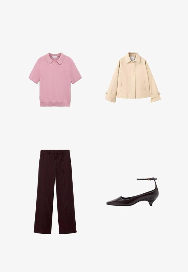 Beige cropped jas met brede mouwen, een enkele zichtbare knoop bij de kraag, twee voorzakken met een verticale opening en knoopmanchetten.; Roze kortekarm gebreid topje met een ribbelstructuur, voorzien van een klassieke kraag en een rechte snit. Zachte stof met een gladde afwerking.; Donkerbruine broek met wijde pijpen, voorplooien, riemlussen en een tailleband, plat liggend op een witte achtergrond.; Donkerbruine leren kittenheel schoenen met een spitse neus, een dunne enkelband en een kleine gouden gesp.