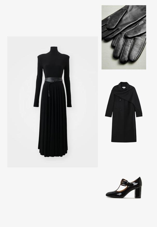 Zwarte lange wollen jas met asymmetrische cape overlay, ingeknikte kraag, dubbele knopen aan de voorkant en zijzakken.; Norma Kamali SHOULDER PAD TURTLE FLARED DRESS TO MIDCALF - Jerseyjurk - black; Zwart gepatineerd leren hoge hak schoen met een ronde neus, T-band ontwerp en een schildpaddenpanser gespaccent op de bovenkant. Blokhak.; Zwarte leren handschoenen met een gladde textuur, voorzien van naden langs de vingers en een getailleerd ontwerp. Zacht, soepel materiaal voor comfort.