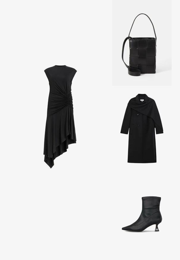 Zwarte lange wollen jas met asymmetrische cape overlay, ingeknikte kraag, dubbele knopen aan de voorkant en zijzakken.; Zwarte mouwloze jurk met geplooide details aan de zijkant, voorzien van een asymmetrische zoom die elegant valt. Zachte stofstructuur.; Zwarte enkellaars met puntige neus en lage uitlopende hak, voorzien van een metallic accent, gemaakt van soepel, rekbaar materiaal.; Zwarte leren tas met een geweven ontwerp. Rechthoekige vorm, korte handgreep en verstelbare schouderband. Soepele textuur met een matte afwerking.