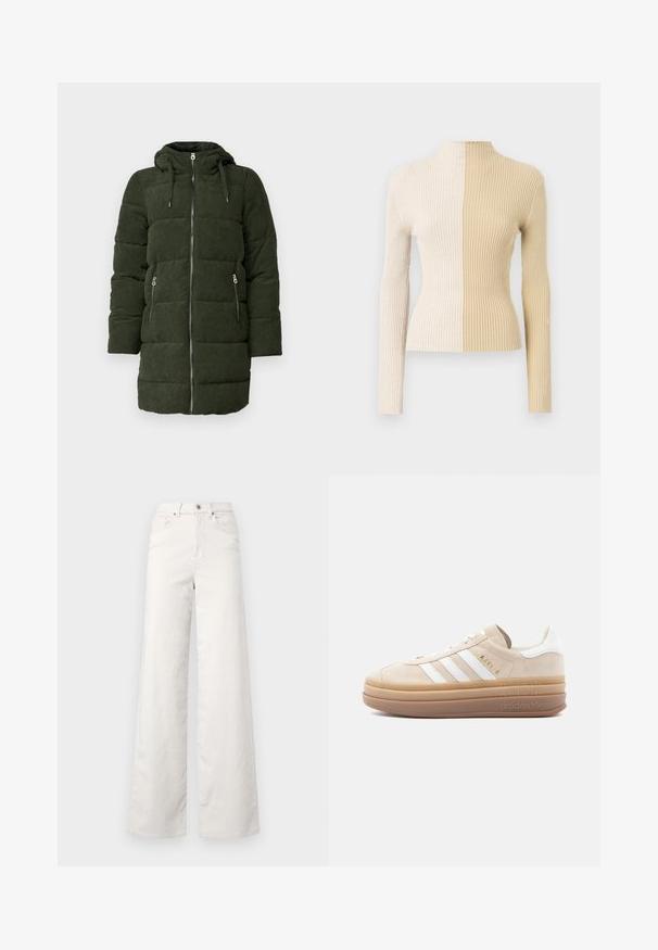 Groene corduroy pufferjack met capuchon, voorzien van een volledige rits aan de voorkant, twee zijzakken en gequilt textuur.; Geribbelde coltrui met lange mouwen, voorzien van een bicolor ontwerp in crème en beige, waarbij contrasterende texturen en kleuren worden benadrukt.; ONLY Tall ONLHOPE GLOBAL HIGH WAIST WIDE - Broek - pumice stone; Beige suède sneaker met witte leren accenten, voorzien van drie witte strepen, een gouden logo en een dikke, doorschijnende rubberen zool.