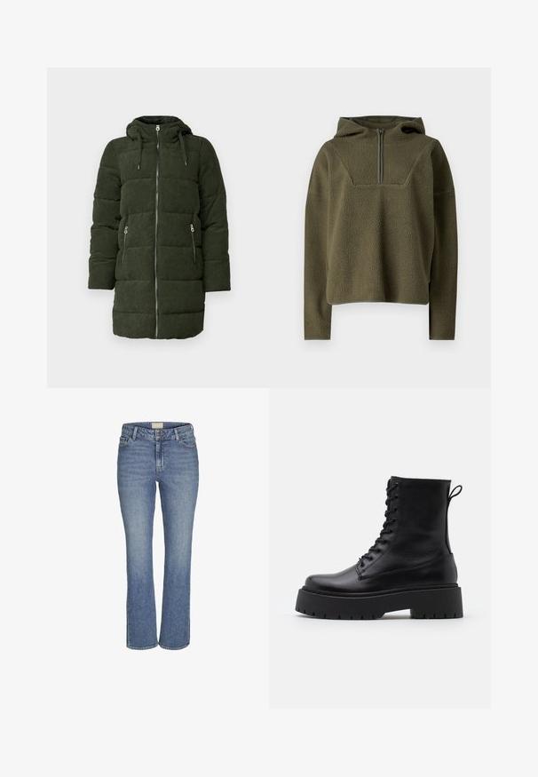 Grønne fløjlspufferjakke med hætte, der har fuld frontlynlås, to sidelommer og quiltet tekstur.; Olivengrøn fleecepullover med hætte, halv-zippers foran, tekstureret stof og kontrasterende kant ved kanten og mansjetterne.; Mørkeblå lige ben denim jeans med frontknap og lynlås, bæltesløjfer samt front- og baglommer.; Sorte læder ankelstøvler med rund tå, snørebånd foran og en tyk gummisål med struktureret slidbane. Hæfteløkke bagpå.
