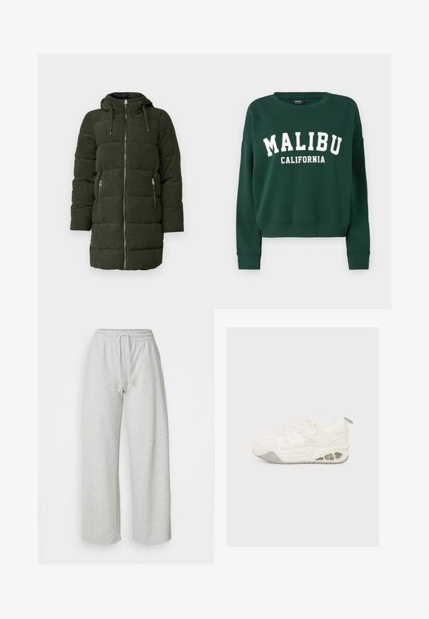 Roheline puudripüksiga puffer-jaki, millel on kapuuts, täis esi lukuga, kaks küljetaskut ja tikandiga tekstuur.; ONLY Sweats ONLSWEAT Sweat - Pusa - pine grove; Even&Odd Petite Dresside alumine osa - mottled light grey; Valged robustsed spordijalatsid tähemustritega, tekstureeritud põhja, nähtava õhkpatjaga kandis ja haakeseib tagaküljel.