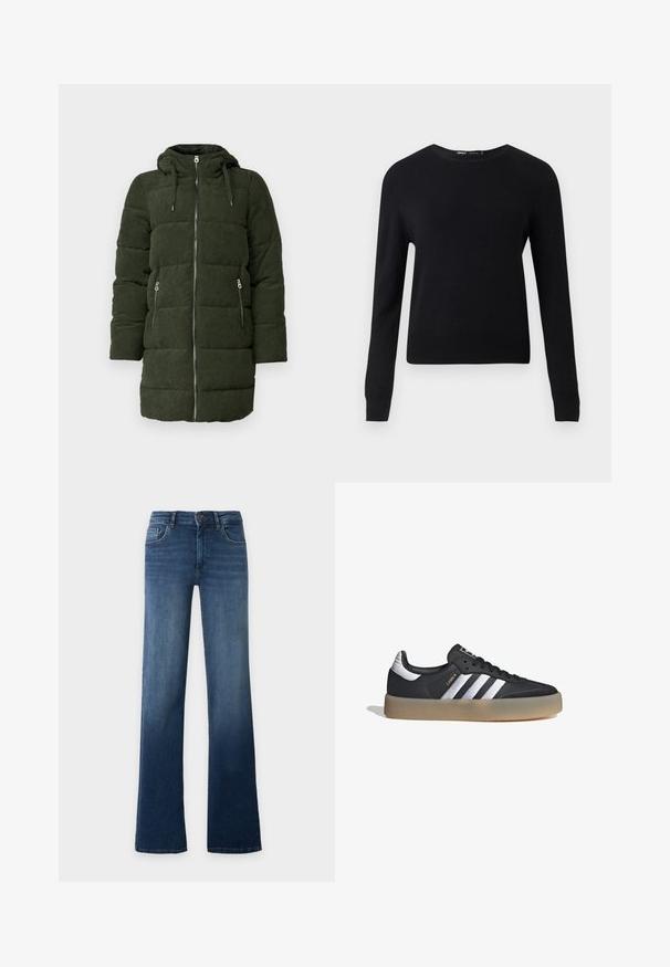 Grønne fløjlspufferjakke med hætte, der har fuld frontlynlås, to sidelommer og quiltet tekstur.; Sort langærmet rundhalset sweater med ribstrikkede manchetter og kant, vist mod en ensartet lysegrå baggrund.; Blå højtaljede, lige ben jeans med knap- og lynlåslukning, for- og baglommer, vist på en ensfarvet lys baggrund.; Sort læder atletiksko med tre sølvstriber, en struktureret tå og en gummisål. Har en polstret krave og snørebåndsdesign.