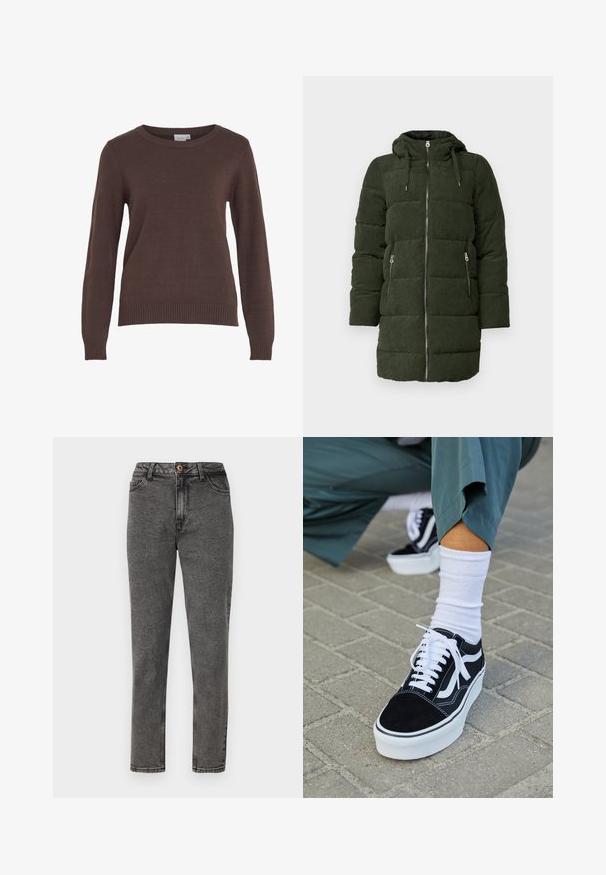 Groene corduroy pufferjack met capuchon, voorzien van een volledige rits aan de voorkant, twee zijzakken en gequilt textuur.; VILA VIRIL O-NECK L/S KNIT TOP - NOOS - Trui - coffee bean; Grijze denim jeans met een rechte pijp, voorzien van een enkele koperen knop, voorzakken en zichtbare stikseldetails.; Zwarte suède sneaker met witte accenten en veters, uitgerust met een dikke witte zool en contrasterende stiksels, gecombineerd met een witte sok.