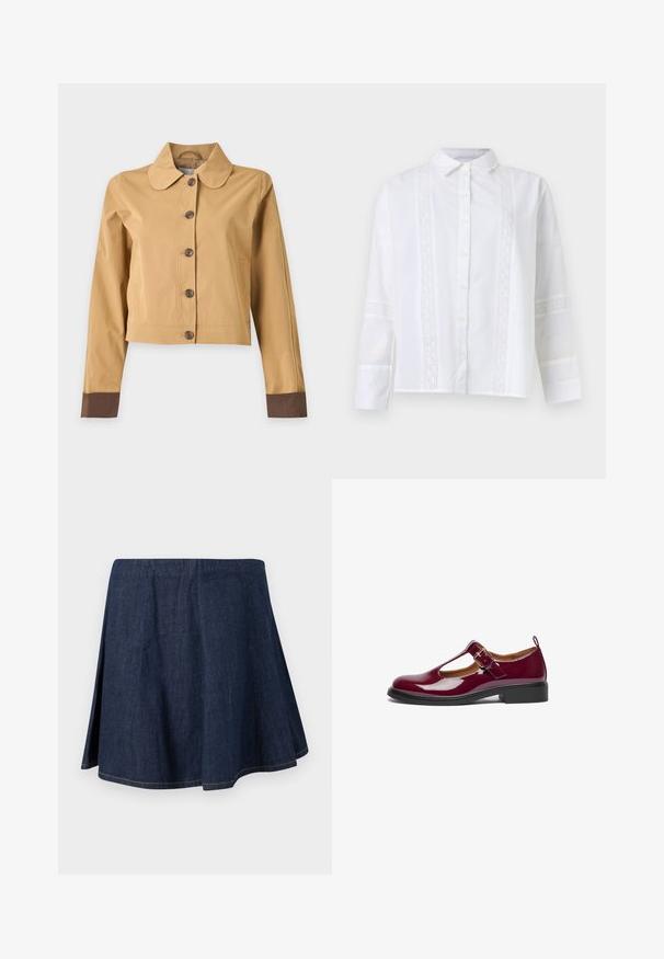 Lysebrun cropped jakke med mørkebrune knapper og mørkebrune manchetter på lange ærmer.; Hvid langærmet skjorte med knapper, krave og lodrette blonderpaneler foran og rundt ærmerne.; Mørkeblå denim A-formet nederdel med sideslids og synlige syninger langs kanten og sømmene, vist på en ensfarvet lys baggrund.; Burgunderfarvet patenteret læder Mary Jane sko med rund tå, T-strop, justerbar spænde og lav blokhæl. Glat tekstur og enkelt design.