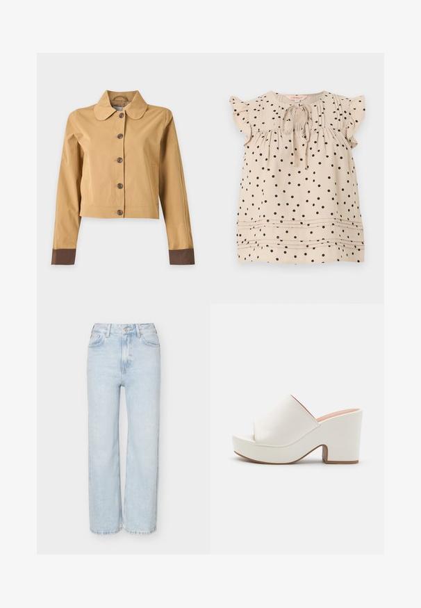 Hellbraune kurze Jacke mit dunkelbraunen Knöpfen und dunkelbraunen Manschetten an langen Ärmeln.; Beige ärmellose Bluse mit schwarzen Polka-Dots, gerafften Kapuzenärmeln, einer vorderen Schleife am abgerundeten Ausschnitt und horizontalen Falten in der Nähe des Saums.; Hellblaue Jeans mit hoher Taille und geradem Bein, mit vorderem Knopf und Reißverschluss, vorn und hinten mit Taschen, auf einfarbigem Hintergrund.; Weiße Plateau-Pantoletten mit einer glatten Oberfläche, offenem Zehendesign und einem klobigen Absatz. Merkmale sind eine subtile obere Naht und eine kontrastierende Sohle.
