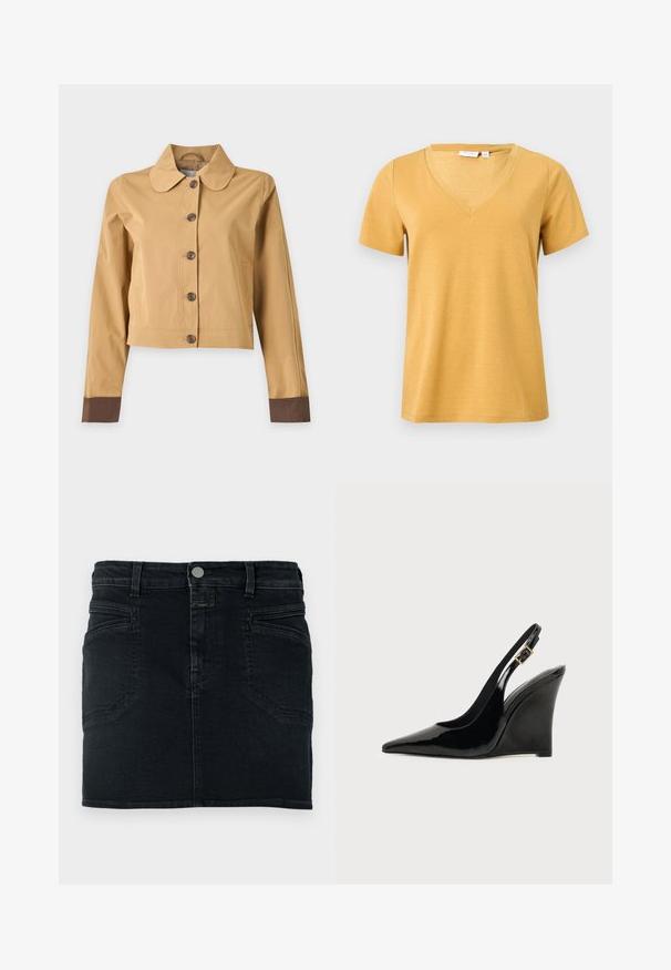 Veste courte marron clair avec boutons marron foncé et poignets marron foncé sur les manches longues.; Chemise jaune à manches courtes et col en V, fabriquée en tissu doux, présentée sur un fond uni gris clair.; Mini-jupe en denim foncé avec une coupe ajustée, un design à cinq poches et une fermeture avant à boutons. Présente des détails de couture subtils et une texture lisse.; Chaussure slingback à talon compensé en cuir verni noir, bout pointu et bride à boucle dorée, présentée sur un fond clair uni.