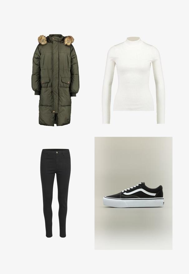 Manteau matelassé vert olive avec capuche et bordure en fausse fourrure, doté de deux poches avant et d'un motif matelassé. Fermeture éclair et boutons.; Haut à col roulé long à manches longues en blanc côtelé, au design ajusté et à la texture lisse, avec un col haut et une silhouette élancée.; Jeans skinny noirs avec une texture de tissu lisse, dotés d'une fermeture à bouton à l'avant, de cinq poches et d'un design ajusté.; Baskets basses noires avec bande blanche latérale, lacets blancs, semelle en caoutchouc blanche et bout texturé sur fond neutre.