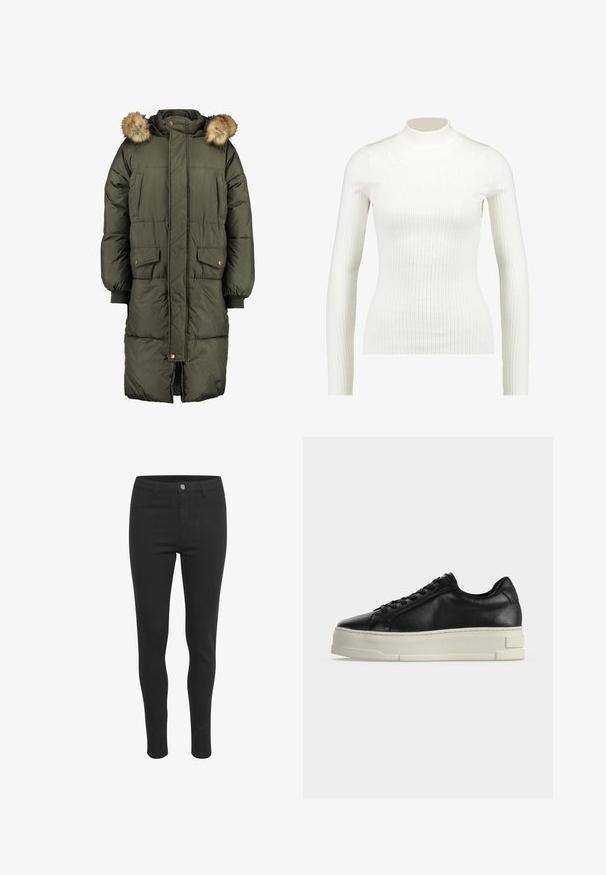 Manteau matelassé vert olive avec capuche et bordure en fausse fourrure, doté de deux poches avant et d'un motif matelassé. Fermeture éclair et boutons.; Haut à col roulé long à manches longues en blanc côtelé, au design ajusté et à la texture lisse, avec un col haut et une silhouette élancée.; Jeans skinny noirs avec une texture de tissu lisse, dotés d'une fermeture à bouton à l'avant, de cinq poches et d'un design ajusté.; Baskets basses en cuir noir avec semelle plateforme blanche épaisse et lacets noirs sur un fond clair uni.