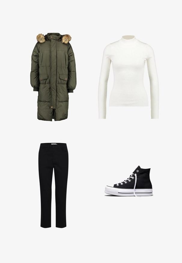 Olivgrüner Daunenmantel mit Kapuze und Kunstfellbesatz, zwei Fronttaschen und einem gesteppten Muster. Mit Knöpfen und Reißverschluss zu schließen.; Gestreiftes, weißes Langarm-Turtleneck-Oberteil mit tailliertem Design und glatter Textur, das einen hohen Kragen und eine schmale Silhouette aufweist.; Schwarze Baumwollhose mit geradem Schnitt. Verfügt über fünf Taschen und einen vorderen Knopfverschluss. Glatte Textur, minimale Nähdetails.; Schwarzer High-Top-Canvas-Sneaker mit weißer Gummisohle und weißen Schnürsenkeln, seitlich dargestellt vor weißem Hintergrund.