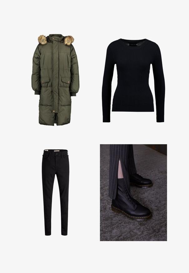 Olivgrüner Daunenmantel mit Kapuze und Kunstfellbesatz, zwei Fronttaschen und einem gesteppten Muster. Mit Knöpfen und Reißverschluss zu schließen.; Schwarzer, gerippter Langarmpullover mit rundem Halsausschnitt und taillierter Silhouette. Die Textur ist glatt mit einem dezenten Stretch.; Schwarze hochgeschnittene Skinny-Jeans mit vorderem Knopf und Taschen, auf einem weißen Hintergrund präsentiert.; Schwarze Leder-Schnürstiefel mit strukturiertem Finish, gelben Nähten und einer robusten, durchsichtigen Sohle. Kombiniert mit gestreiften Hosen mit Reißverschlüssen.