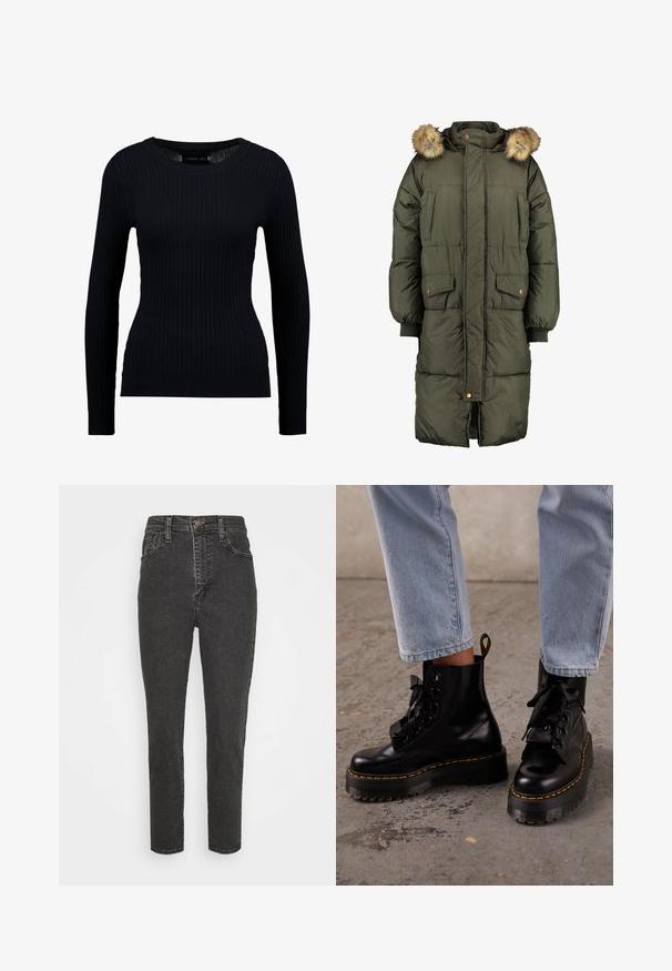 Olivengrøn pufferjakke med hætte og faux fur trim, der har to frontlommer og et quiltet mønster. Lukning med knapper og lynlås.; Sort ribbet langærmet sweater med rund halsudskæring og tætsiddende silhuet. Teksturen er glat med en subtil strækbarhed.; Højtaljede sorte denim jeans med slim fit, der har en knaplukning, bælteløkker og klassisk fem-lomme-design.; Person iført lyseblå jeans og sorte læder platformssnørestøvler med gul syning på en beton gulv.
