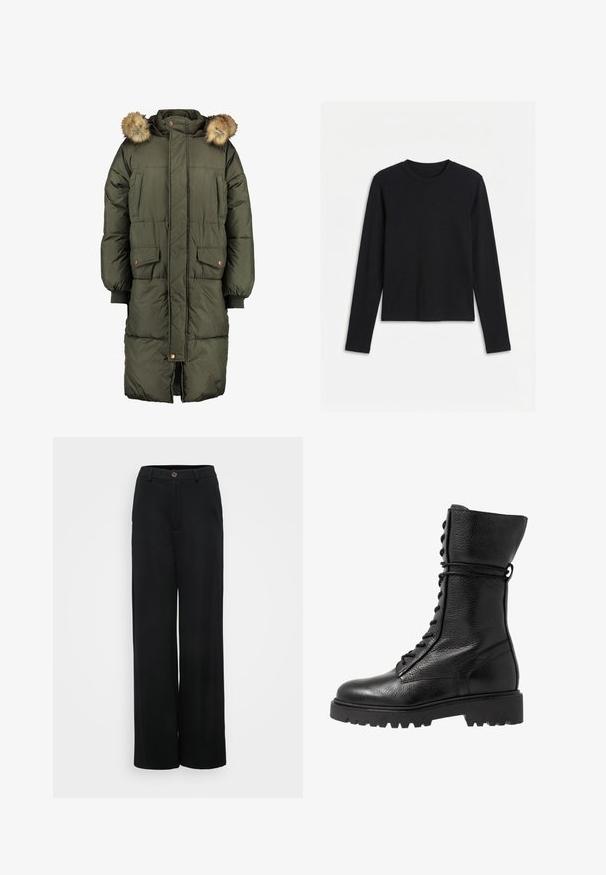 Olivengrøn pufferjakke med hætte og faux fur trim, der har to frontlommer og et quiltet mønster. Lukning med knapper og lynlås.; Sort langærmet T-shirt med bådhals og tætsiddende, ensartet design vist på hvid baggrund.; Sorte bukser med brede ben og en glat tekstur, der har en knaplukning og frontlommer. Klassisk, alsidigt design velegnet til forskellige anledninger.; Sorte læder kampstøvler med en struktureret overflade, knæhøjt design, snørebånd foran og en kraftig gummisål med rillemønster.