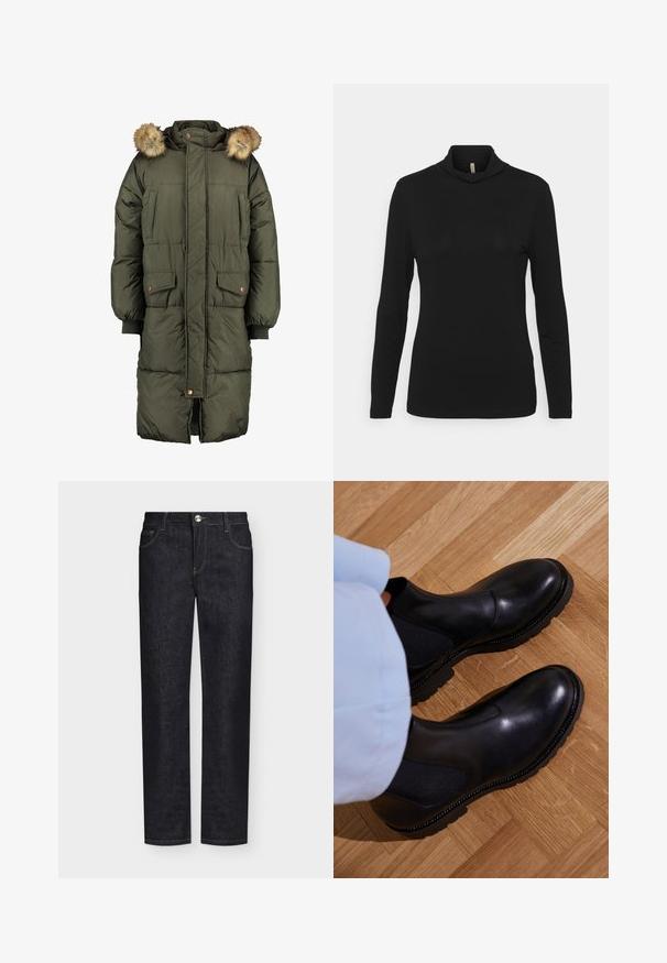 Olivgrüner Daunenmantel mit Kapuze und Kunstfellbesatz, zwei Fronttaschen und einem gesteppten Muster. Mit Knöpfen und Reißverschluss zu schließen.; Schwarzes Langarm-Turtleneck-Oberteil aus weichem Material mit lässiger Passform und drapiertem Kragen, das eine glatte Textur aufweist.; Schwarze Jeans mit geradem Bein, Vordertaschen, Gürtelschlaufen und Knopfverschluss auf einfarbigem Hintergrund.; Schwarze Knöchelstiefel aus glattem Leder mit elastischen Seiteneinsätzen, einer strukturierten Gummisohle und kontrastierenden Nähten entlang der Kante.