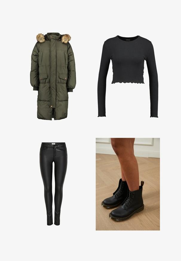 Olivengrøn pufferjakke med hætte og faux fur trim, der har to frontlommer og et quiltet mønster. Lukning med knapper og lynlås.; Sort ribbet langærmet crop top med rund halsudskæring og bølget kant. Fremstillet af et strækbart materiale for en tætsiddende pasform.; Sorte slim-fit bukser i kunstlæder med frontknap, lynlås-lukning og bæltestropper, vist på en hvid baggrund.; Sorte læder ankelstøvler med lynlås og snøredesign, der har gule stikninger og en tyk, struktureret sål.