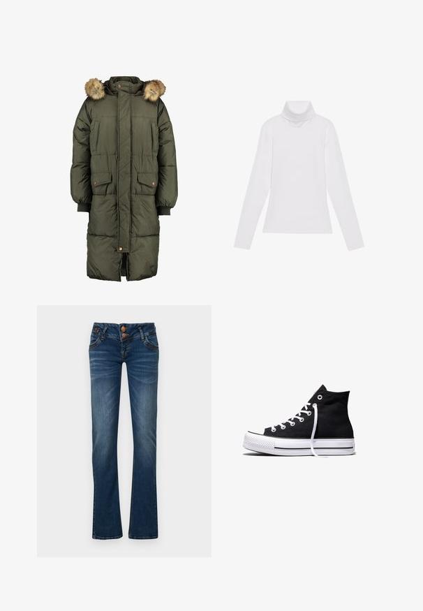 Olivengrøn pufferjakke med hætte og faux fur trim, der har to frontlommer og et quiltet mønster. Lukning med knapper og lynlås.; Hvid langærmet turtle-neck top lavet af glat, strækbart stof. Har en høj krave og tætsiddende design, uden synlige mønstre eller udsmykninger.; Mørkeblå bootcut jeans med to frontknapper, fem lommer og subtil falmning på lår og knæ.; Sort high-top canvas sneaker med hvid gummisål og hvide snørebånd, vist fra siden mod en hvid baggrund.
