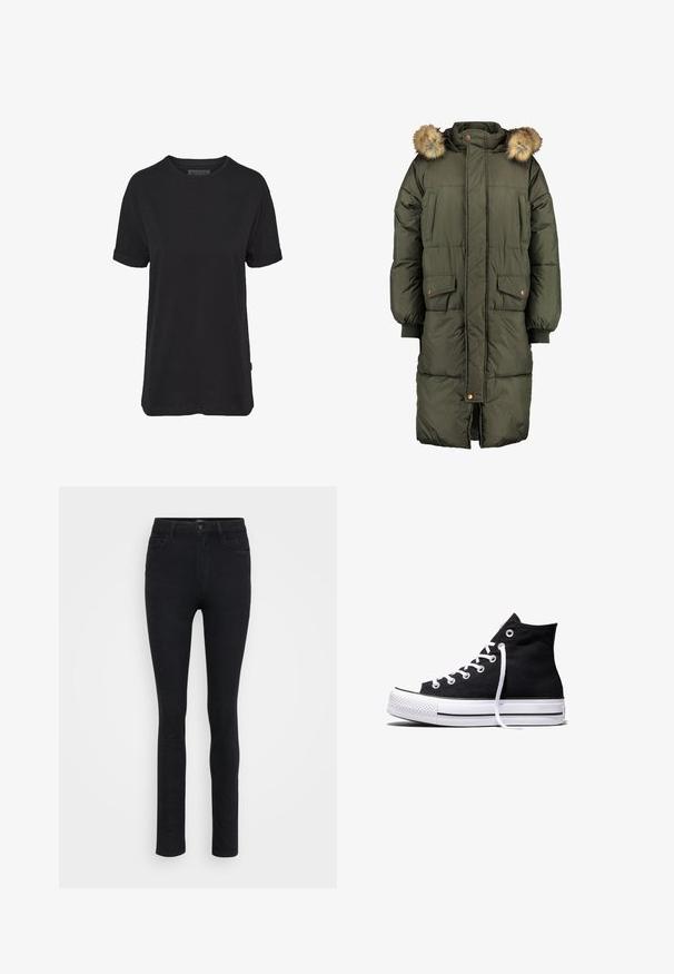 Manteau matelassé vert olive avec capuche et bordure en fausse fourrure, doté de deux poches avant et d'un motif matelassé. Fermeture éclair et boutons.; T-shirt en coton noir à manches courtes, col rond et manches retroussées ; présente une étiquette de marque subtile sur l'ourlet latéral.; Jean skinny en denim noir à texture lisse, taille mi-haute, passants de ceinture, design à cinq poches et fermeture à bouton classique.; Baskets montantes en toile noire avec semelle en caoutchouc blanche et lacets blancs, vues de côté sur un fond blanc.