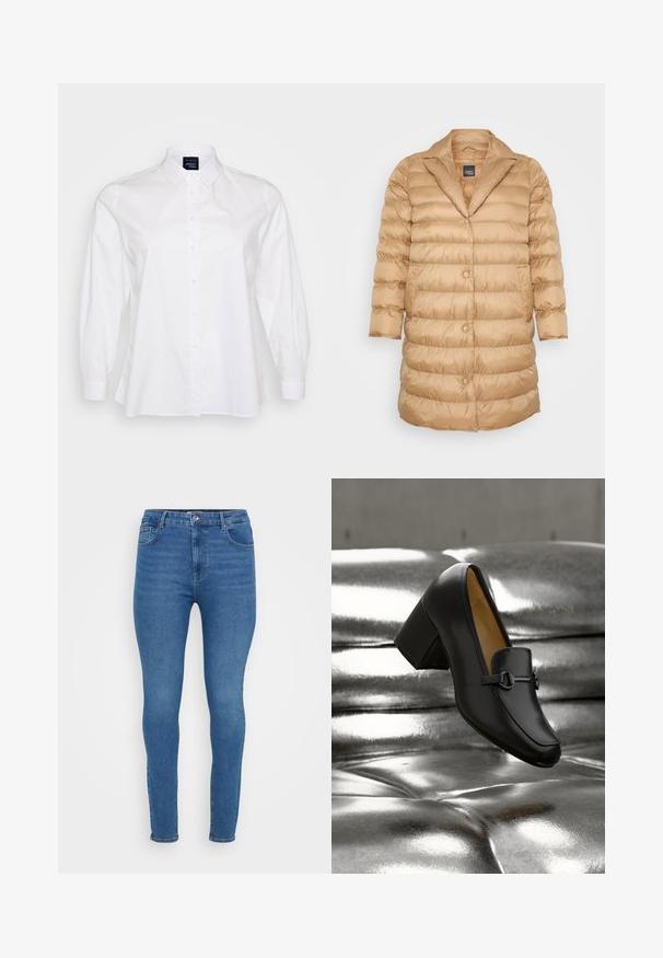 Lys beige pufferjakke med en shiny finish, oversized krave og knaplukninger. Har vandrette quiltede sektioner og trekvartærmer.; Hvid langærmet skjorte med knaplukning foran, krave, lavet af bomuld. Har en blød tekstur og afslappet pasform, med afrundet kant og knapmanchetter.; Blå denim skinny jeans med høj talje, standard fem-lomme design og subtil falming. Har metalknap og lynlås lukning.; Sort læder-loafer med høje hæle, rundet tå, dekorativ strop og lille metaldetalje. Glat tekstur og elegant design.