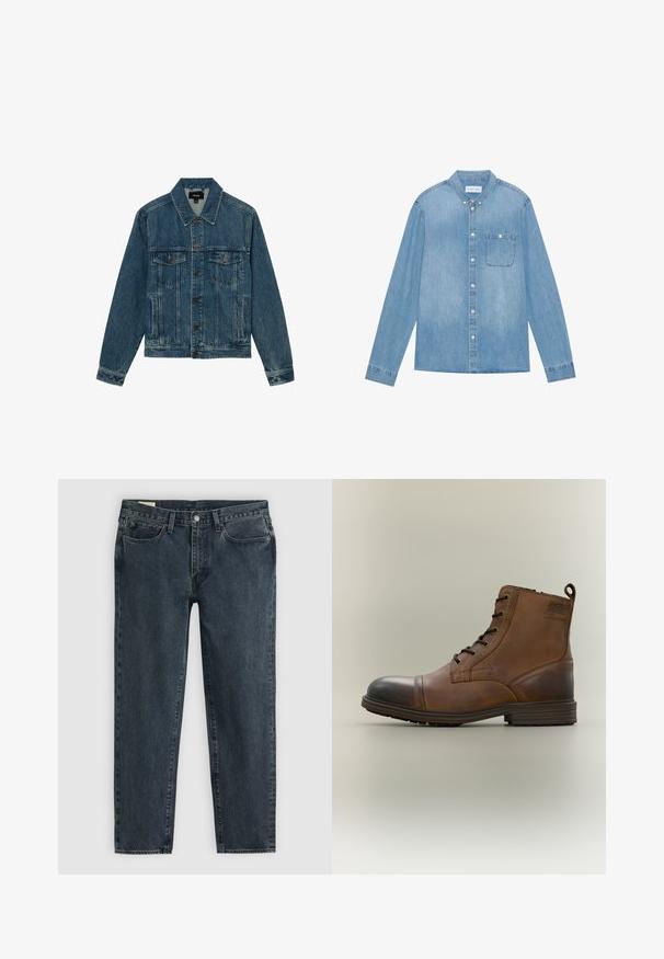 Blaue Denimjacke mit Knopfleiste vorne, zwei Brustklappentaschen und seitlichen Eingrifftaschen, mit klassischem Kragen und langen Ärmeln.; Hellblaues Denim-Hemd mit Knopfleiste, langen Ärmeln, spitzem Kragen, einer Brusttasche und dezentem Verblassen des Stoffes.; Dunkelblaue Denim-Jeans mit geradem Bein, fünf Taschen und einem Knopfverschluss. Subtile Ausbleichungen verleihen dem Stoff Textur.; Brauner Leder-Schnürstiefel bis zum Knöchel mit schwarzer Zehenkappe, runder Sohle und Markenlabel an der Seite vor schlichtem Hintergrund.