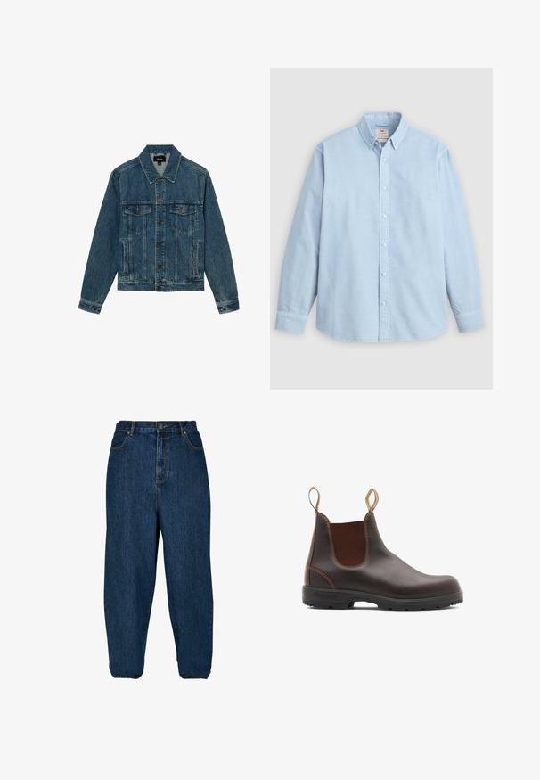 Chaqueta vaquera azul con botones delanteros, dos bolsillos con solapa en el pecho y bolsillos laterales para las manos, con cuello clásico y mangas largas.; Camisa de manga larga azul claro con botones, cuello abotonado y un único bolsillo en el pecho, colocada sobre un fondo gris.; Jeans de denim azul oscuro con un corte holgado, cintura alta y puños elásticos. Cuenta con un cierre frontal de botón y cinco bolsillos.; Botas Chelsea de cuero marrón con paneles laterales elásticos y tiradores. Parte superior texturizada, suela de goma duradera y detalle de costura en contraste.