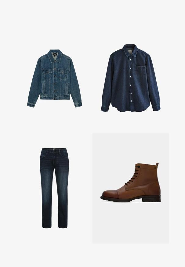 Blå denimjakke med knapper foran, to brystlommer med klap og sidelommer til hænderne, med klassisk krave og lange ærmer.; Mørkeblå denim skjorte med lange ærmer, knapper foran, krave og en enkelt brystlomme, vist mod hvid baggrund.; Mørk vaskede denimjeans med lige ben, der har fem lommer, knaplukning og subtil fading langs lårene.; Jack & Jones JFWSHAUN BOOT - Snørestøvletter - cognac