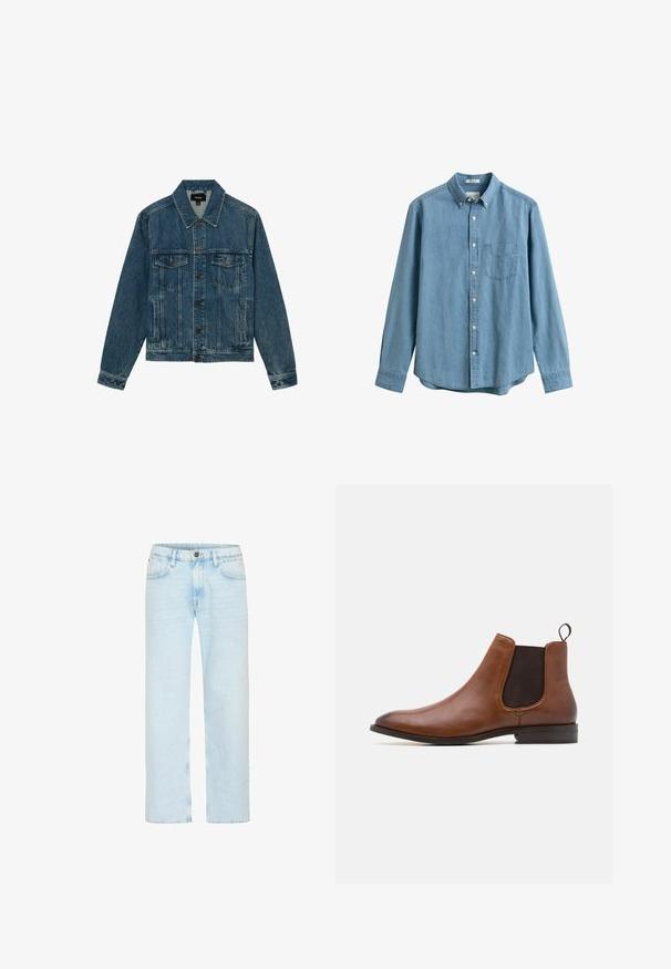 Blå denimjakke med knapper foran, to brystlommer med klap og sidelommer til hænderne, med klassisk krave og lange ærmer.; Lyseblå denimskjorte med lange ærmer, knapper foran, brystlomme, knappet krave og hvide knapper.; Lyseblå denim jeans har et lige ben-design med en klassisk knaplukning, fem lommer og subtilt slid for tekstur.; Zign by Zalando LEATHER - Støvletter - cognac