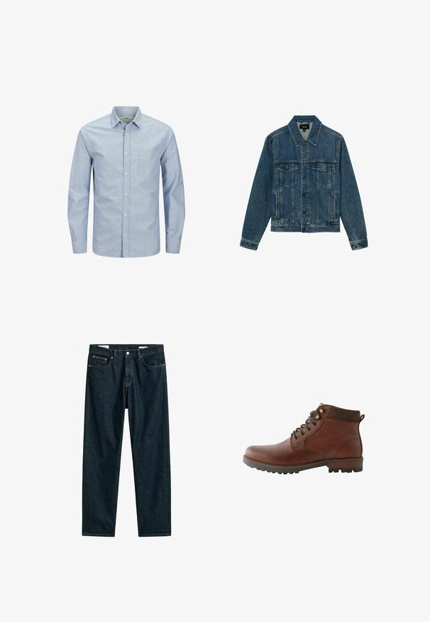 Blaue Denimjacke mit Knopfleiste vorne, zwei Brustklappentaschen und seitlichen Eingrifftaschen, mit klassischem Kragen und langen Ärmeln.; Helles blaues Langarmhemd mit Knopfleiste und einer Tasche auf der linken Brustseite. Aus weichem Stoff mit glatter Textur und dezentem Logo-Detail gefertigt.; Dunkelblaue Jeans aus Denim mit vorderem Knopf und Reißverschluss, fünf Taschen und kontrastierenden orangen Nähten.; Brauner Leder-Schnürstiefel mit dunkelbraun gepolstertem Schaft und robuster Sohle, im Seitenprofil auf weißem Hintergrund dargestellt.