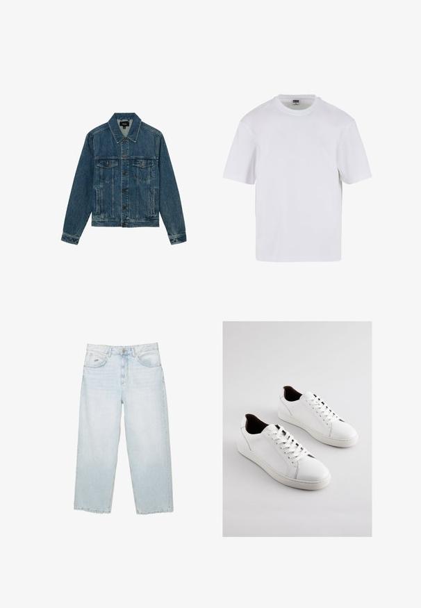 Blå denimjakke med knapper foran, to brystlommer med klap og sidelommer til hænderne, med klassisk krave og lange ærmer.; Hvid kortærmet t-shirt lavet af bomuld. Har en rund halsudskæring og en afslappet pasform. Glat tekstur, minimalistisk design, ingen mønstre eller accenter.; Lysblå højtaljede straight-leg jeans med frontknap, lommer og lille mærket metalmærke på den højre forlommer.; Hvide lædersneakers med lav profil, perforerede sider, flade snørebånd og en kontrasterende brun indvendig foring. Gummisål med tekstureret mønster.
