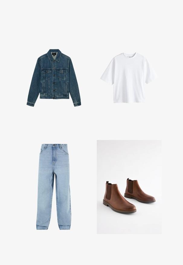 Blauwe spijkerjas met knopen aan de voorkant, twee borstflapzakken en zijzakken voor de handen, met klassieke kraag en lange mouwen.; Next BOXY FIT - HEAVYWEIGHT T-SHIRT . - T-shirt basic - white; Lichtblauwe denim jeans met een losse pasvorm, hoge taille en vijf zakken. Voorzien van riemlussen en een knoopsluiting. Glad textuur.; Bruine leren enkellaarsjes met elastische zijpanelen, een afgeronde neus en een gestapelde hak. Gladde textuur met contrasterende bruine accenten.