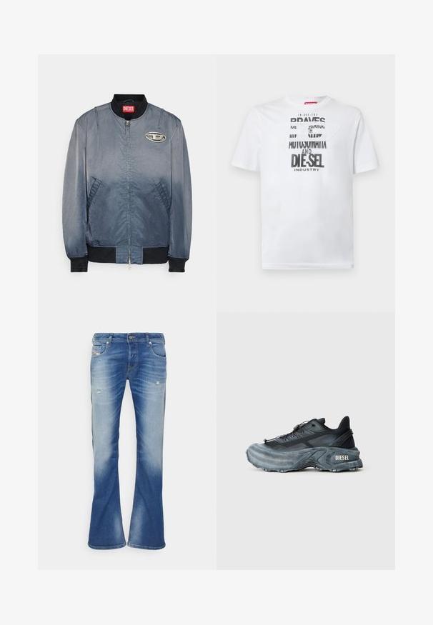 Chaqueta bomber de tela en degradado azul con una textura suave. Presenta un cuello y puños de canalé, así como un parche con logo en el pecho. Cierre frontal con cremallera.; Camiseta blanca de algodón con tipografía negra audaz que muestra las palabras "BRAVES" y "DIE-SEL INDUSTRY" y un diseño de recorte semitransparente.; Vaqueros bootcut desgastados en azul con ligero desgarro en los muslos delanteros y diseño clásico de cinco bolsillos sobre fondo blanco.; Zapatilla Diesel en negro y gris con suela gruesa, cierre de cordón y diseño texturizado sobre un fondo liso de color gris claro.