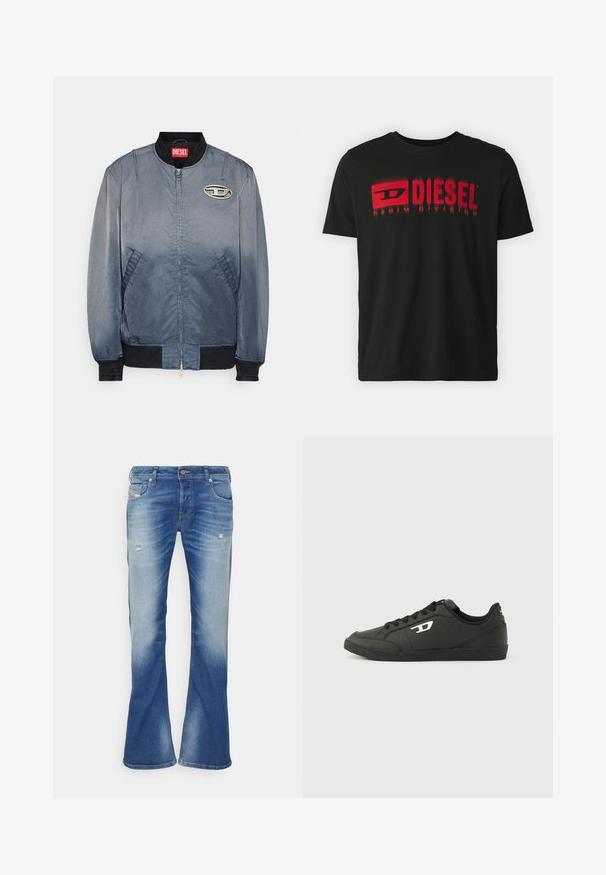 Chaqueta bomber de tela en degradado azul con una textura suave. Presenta un cuello y puños de canalé, así como un parche con logo en el pecho. Cierre frontal con cremallera.; Camiseta de algodón negra con logo rojo "DIESEL" y texto "DENIM DIVISION". Manga corta, cuello redondo, textura suave, corte relajado.; Vaqueros bootcut desgastados en azul con ligero desgarro en los muslos delanteros y diseño clásico de cinco bolsillos sobre fondo blanco.; Zapatillas deportivas negras sintéticas con suela negra texturizada, puntera redonda y cordones planos negros. Destaca un logo blanco en el lateral exterior.