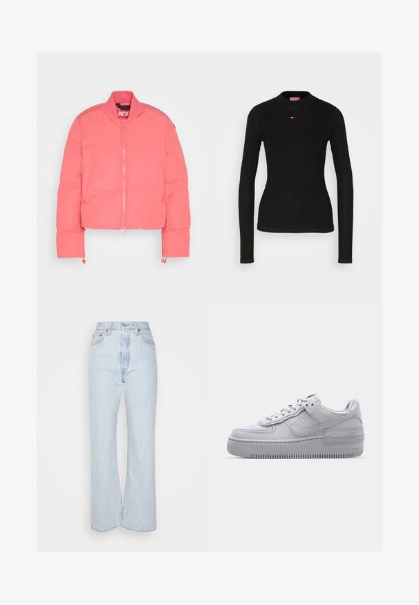Rosa cropped puffer jakke med frontlynlås, ribbet krave, sidelommer og elastiske manchetter. Lavet af letvægts, polstret stof.; Sort langærmet top lavet af ribbet stof, med en rund halsudskæring og et lille rødt Diesel-logo broderet på brystet.; Lys blå højtaljede jeans med brede ben, lavet af denim med en slidt tekstur. Med fem lommer og metalhardware detaljer.; Grå Nike Air Force 1 sneakers med perforeret tå, glat læderoverdel, tyk sål og præget 'AIR' detalje på hælen.