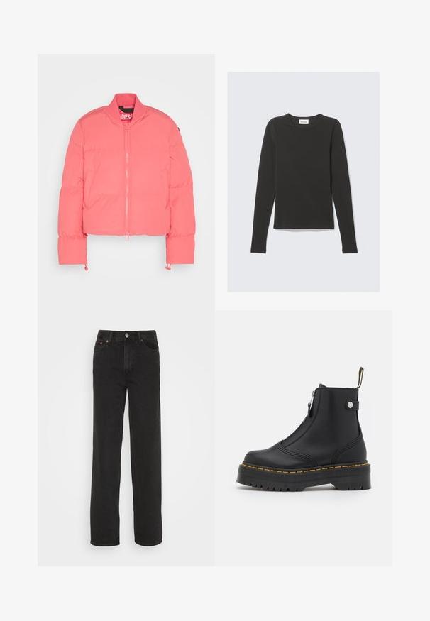 Rosa, kurz geschnittene Pufferjacke mit einem Frontreißverschluss, geripptem Kragen, Seitentaschen und elastischen Manschetten. Hergestellt aus leichtem, gepolstertem Stoff.; Schwarzes Langarmshirt mit Rundhalsausschnitt und schlanker Passform, liegend auf einem hellgrauen Hintergrund.; Schwarze Jeans im Straight-Leg-Stil mit fünf Taschen, Knopfverschluss vorn und Gürtelschlaufen, vor einem weißen Hintergrund präsentiert.; Schwarze Knöchelboots aus glattem Leder, ausgestattet mit einem seitlichen Reißverschluss, gelben Nähten und einer dicken, geriffelten Gummisohle.