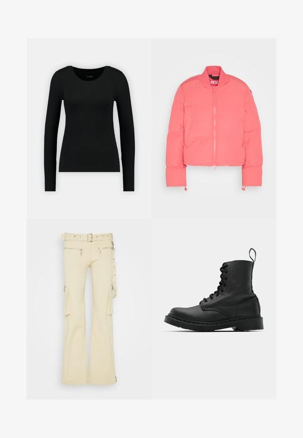 Chaqueta corta de plumón rosa con cierre frontal, cuello acanalado, bolsillos laterales y puños elásticos. Fabricada con un tejido ligero y acolchado.; Camisa negra de manga larga hecha de tela acanalada. Presenta un escote redondo y una silueta ajustada. Diseño simple sin patrones ni acentos.; The Ragged Priest FIELD TROUSERS - Pantalones cargo - stone; Botín de combate de cuero negro con punta redonda, parte delantera con cordones y una lengüeta en el tobillo. Presenta una suela de goma gruesa para mayor durabilidad.
